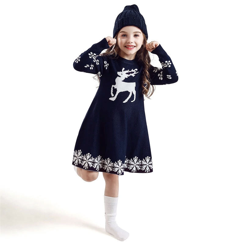 robe de noel enfant bleu avec un renne